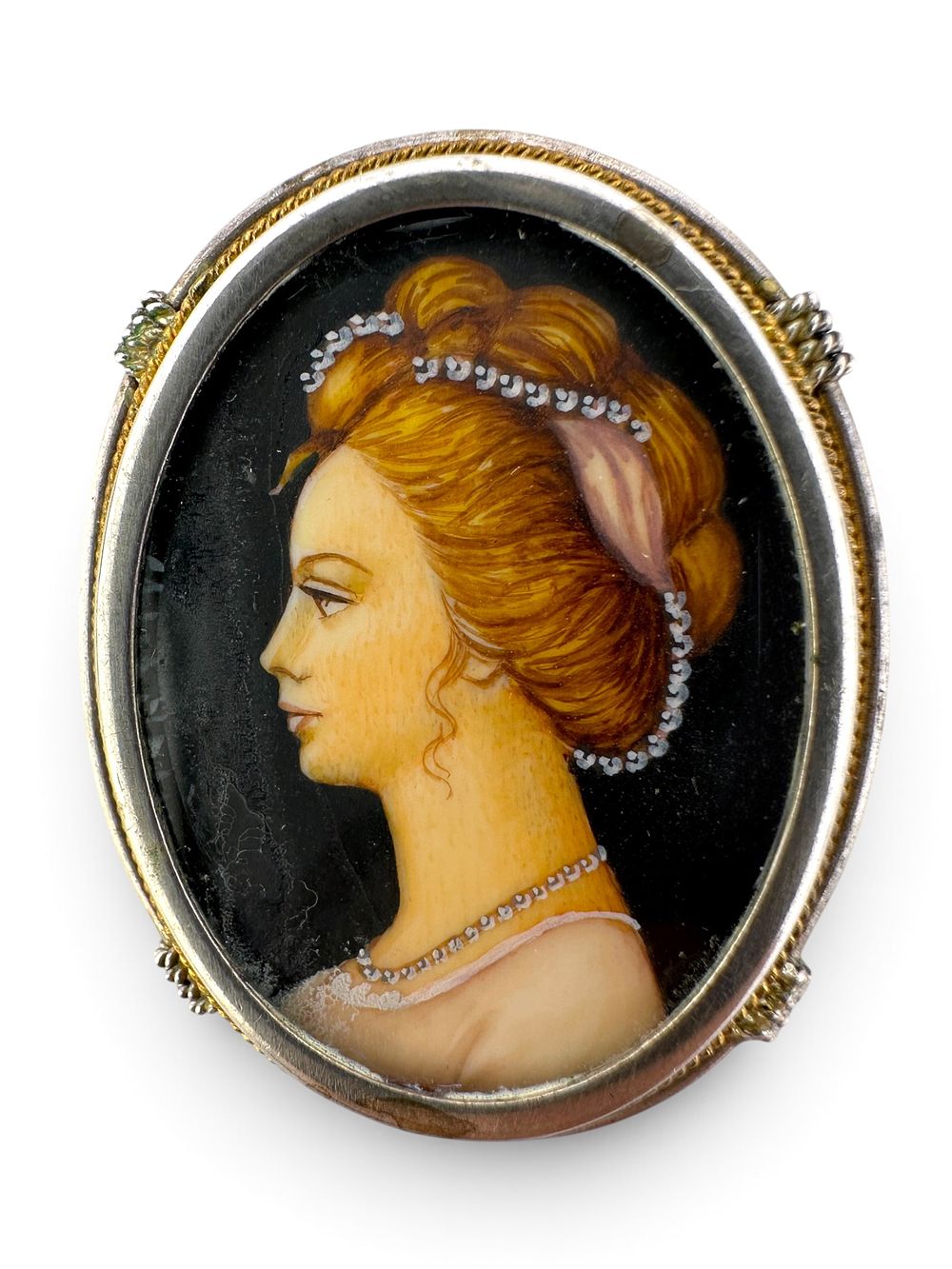 Antique 800-silver pendant – antique miniature portrait of a lady, painted on some kind of 