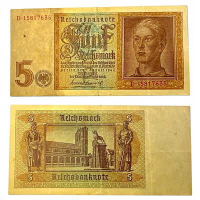 גרמניה הנאצית - שטר 5 רייכסמארק 1942 מצב XF.