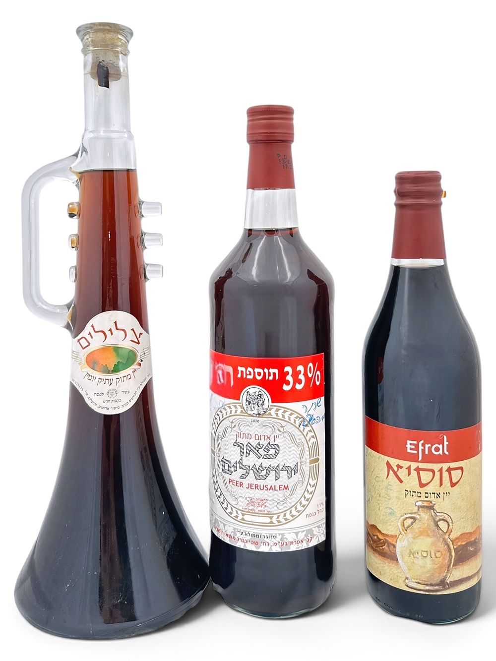 שלישיית בקבוקי יין אדום מתוק לקידוש: 1-סוסיא 2-פאר ירושלים 3- צלילים מצב מצוינים