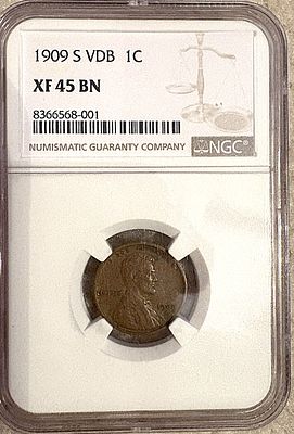 1909-S VDB Wheat Cent. NGC Graded XF45 BN. Great Coin!