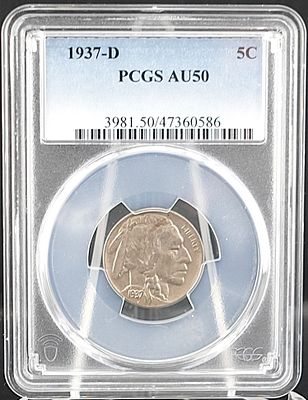 1937-D Buffalo Nickel. PCGS Graded AU50