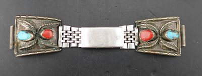 Native Southwestern Sterling Silver, Red Spiney Oyster, and Turquoise Watch Bracelet. This is an 