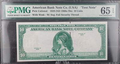 1929 American Bank Note Co. Test Note. This is an exceptional Bill! PMG Grade EPQ 65!!