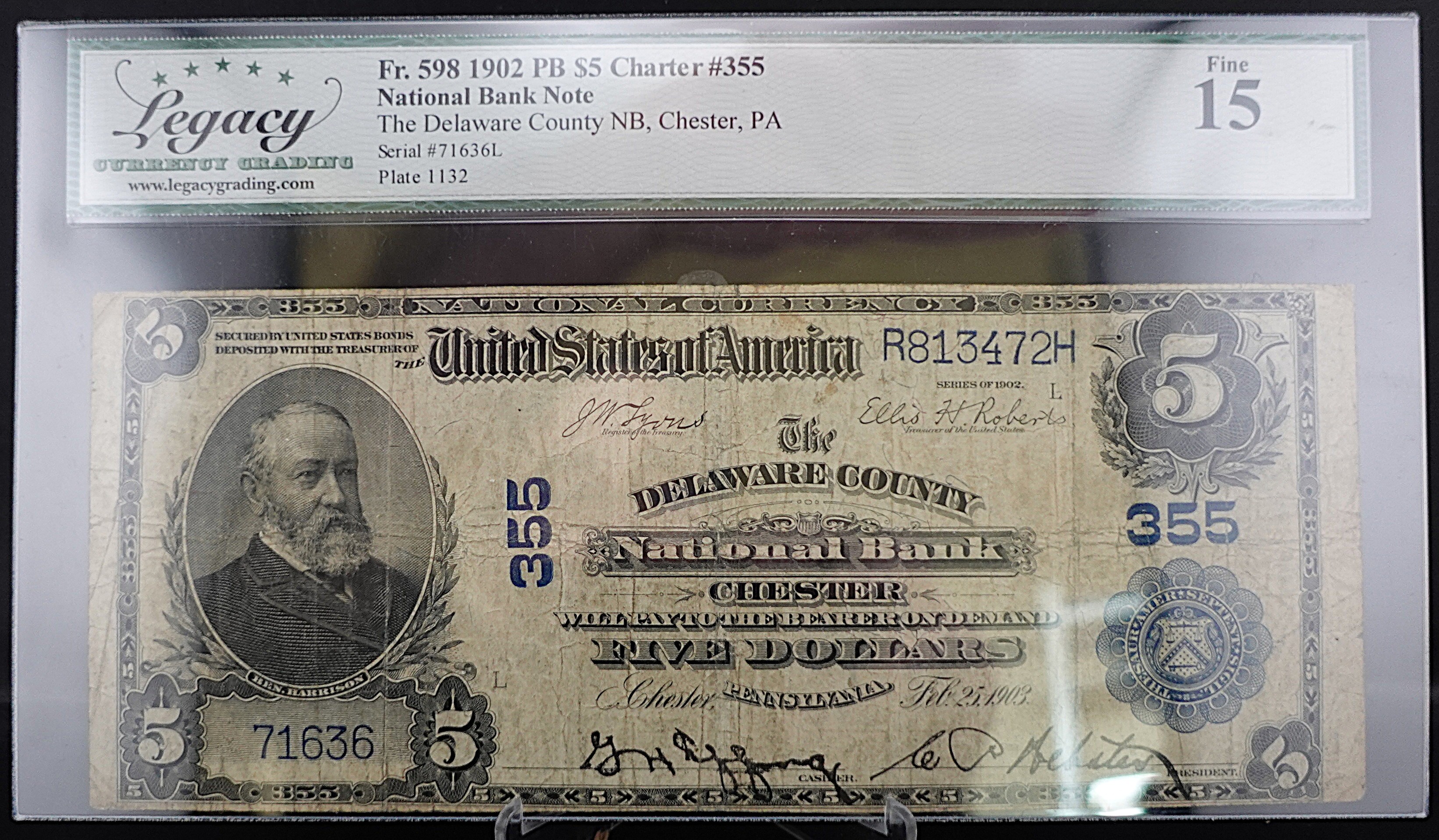 1902 PB The Delaware County NB, Chester, PA $5 Note