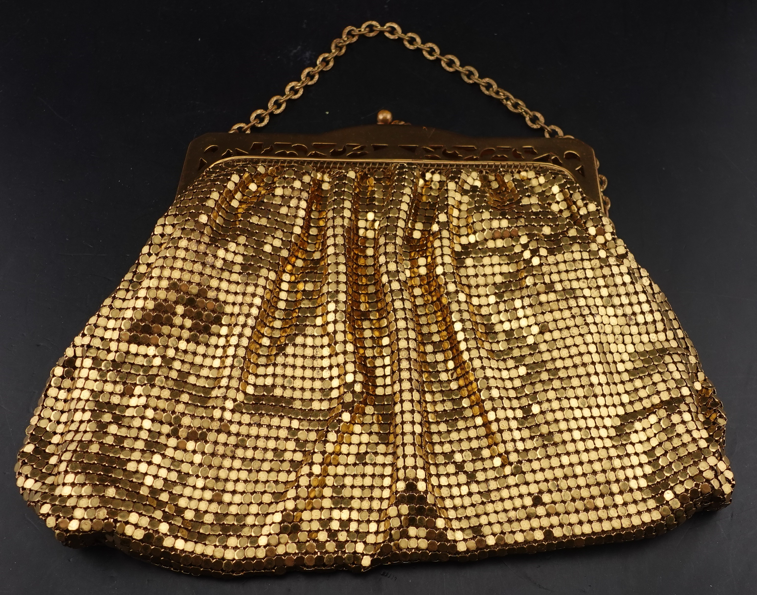 1940's VTG Whiting Davis Gold Mesh Flapper Bag Purse Brass Pierced Frame