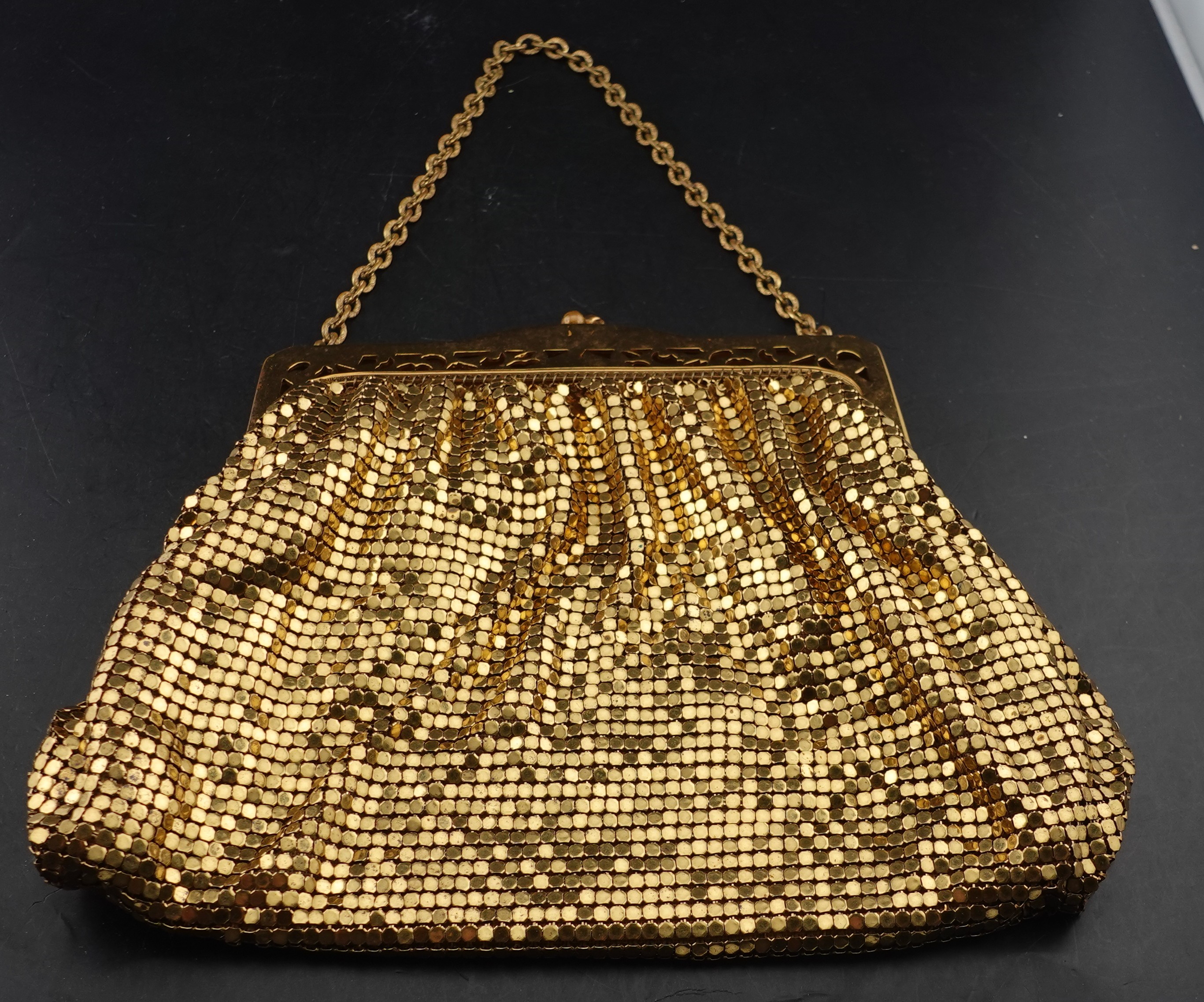 1940's VTG Whiting Davis Gold Mesh Flapper Bag Purse Brass Pierced Frame