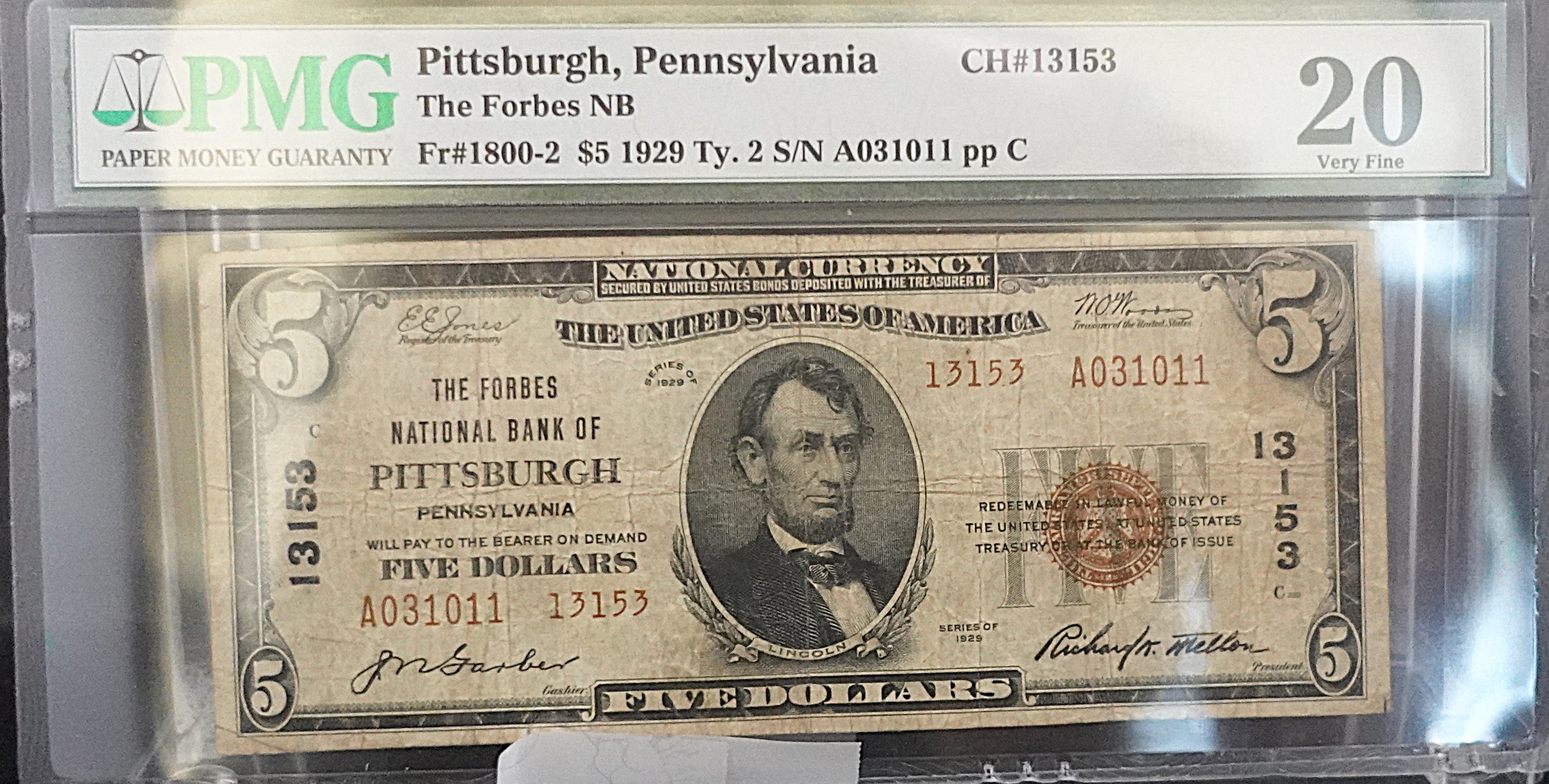 1929 Type 2 $5 Pittsburg, PA Note