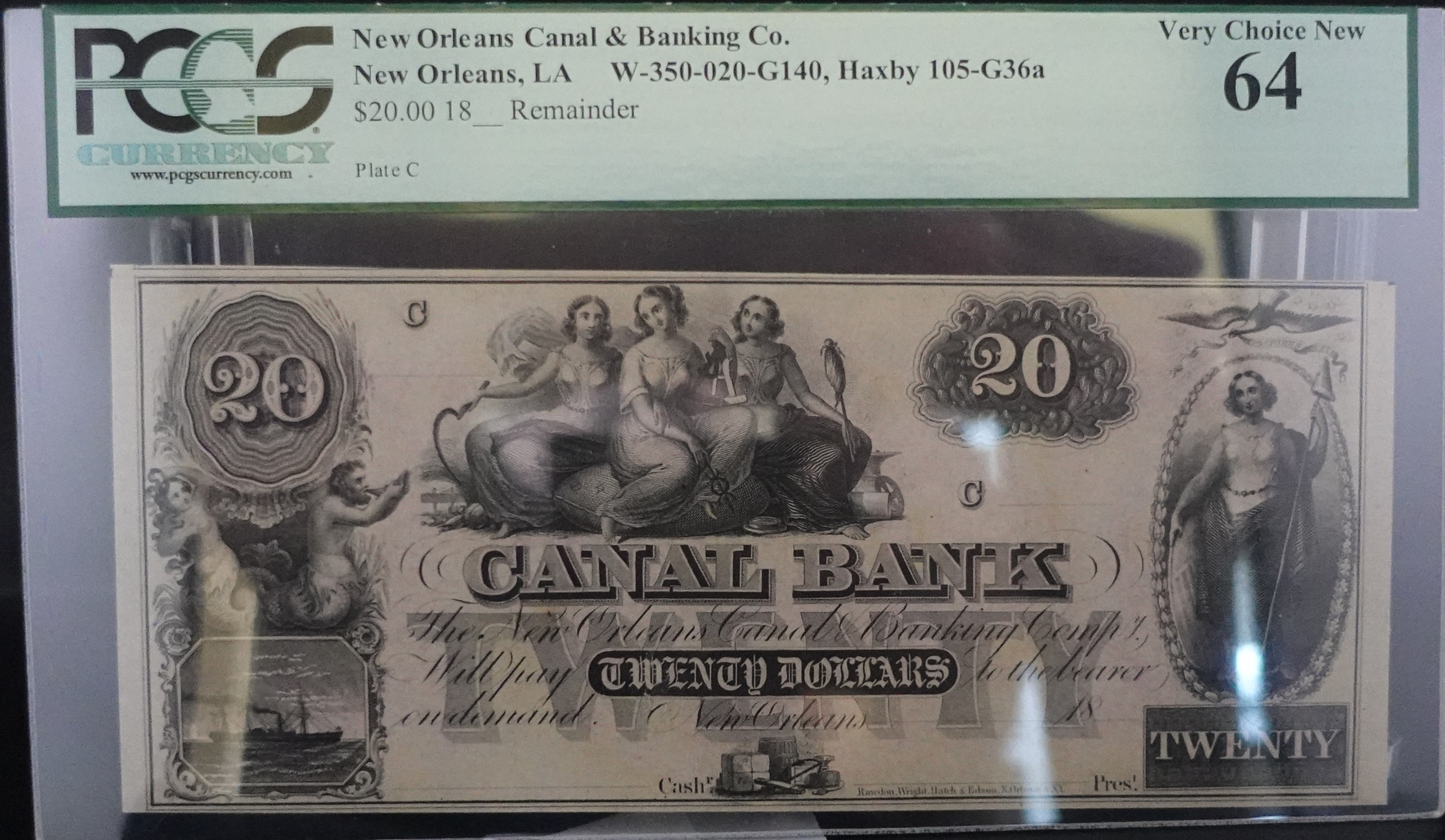 1800s New Orleans Canal & Banking Co $20 Note