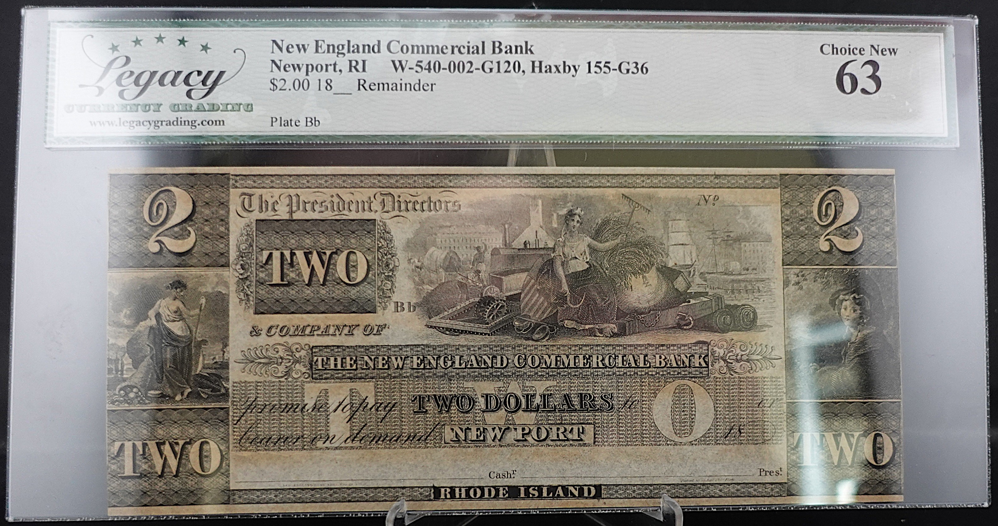 1800's New England Commercial Bank, New Port RI $2 Note