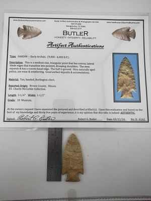 Hardin with Butler COA from Brown County, Illinois ex - Charlie McCorkle Collection Indian Artifact