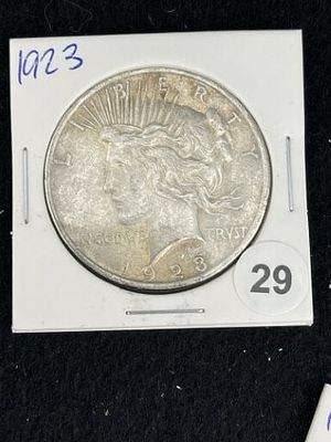 1923 Peace Silver Dollar Coin. KEY WORDS: INDIAN ARTIFACT ARTIFACTS ARROWHEAD ARROWHEADS NATIVE 