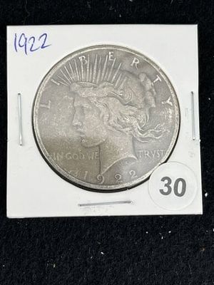 1922 Peace Silver Dollar Coin. KEY WORDS: INDIAN ARTIFACT ARTIFACTS ARROWHEAD ARROWHEADS NATIVE 