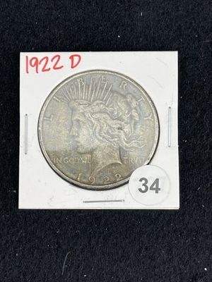 1922 D Peace Silver Dollar Coin. KEY WORDS: INDIAN ARTIFACT ARTIFACTS ARROWHEAD ARROWHEADS 