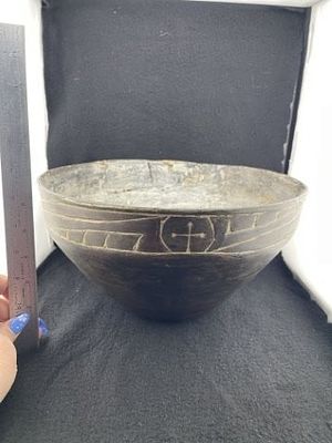 Large Caddo Bowl nice engraving has restoration Indian Artifact Arrowhead. KEY WORDS: INDIAN 