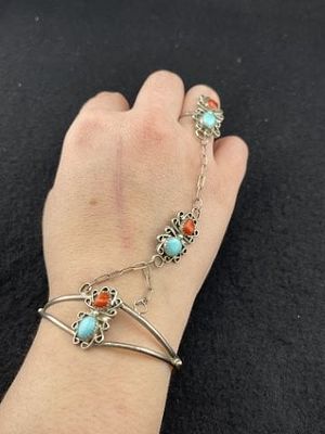 Sterling & Turquoise Bracelet with Attached Ring. KEY WORDS: INDIAN ARTIFACT ARTIFACTS ARROWHEAD 