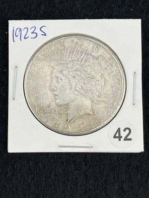 1923 S Peace Silver Dollar Coin. KEY WORDS: INDIAN ARTIFACT ARTIFACTS ARROWHEAD ARROWHEADS 