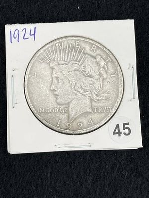 1924 Peace Silver Dollar Coin. KEY WORDS: INDIAN ARTIFACT ARTIFACTS ARROWHEAD ARROWHEADS NATIVE 