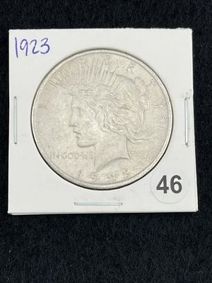 1923 Peace Silver Dollar Coin. KEY WORDS: INDIAN ARTIFACT ARTIFACTS ARROWHEAD ARROWHEADS NATIVE 