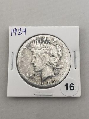 1924 Peace Silver Dollar Coin. KEY WORDS: INDIAN ARTIFACT ARTIFACTS ARROWHEAD ARROWHEADS NATIVE 