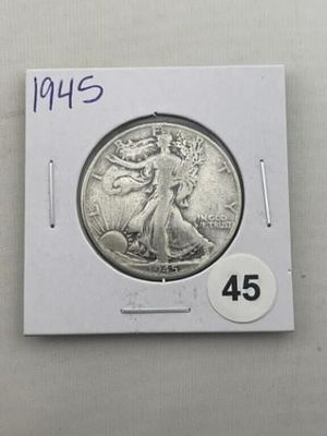 1945 Walking Liberty Half Dollar Silver Coin. KEY WORDS: INDIAN ARTIFACT ARTIFACTS ARROWHEAD 