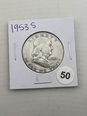 1953 S Franklin Half Dollar Silver Coin. KEY WORDS: INDIAN ARTIFACT ARTIFACTS ARROWHEAD 