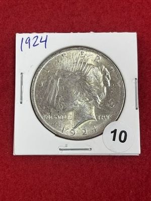 1924 Peace Silver Dollar Coin. KEY WORDS: INDIAN ARTIFACT ARTIFACTS ARROWHEAD ARROWHEADS NATIVE 