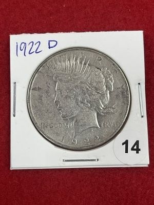 1922 D Peace Silver Dollar Coin. KEY WORDS: INDIAN ARTIFACT ARTIFACTS ARROWHEAD ARROWHEADS 