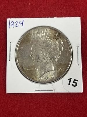 1924 Peace Silver Dollar Coin. KEY WORDS: INDIAN ARTIFACT ARTIFACTS ARROWHEAD ARROWHEADS NATIVE 