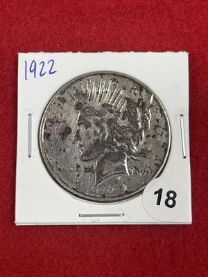 1922 Peace Silver Dollar Coin. KEY WORDS: INDIAN ARTIFACT ARTIFACTS ARROWHEAD ARROWHEADS NATIVE 