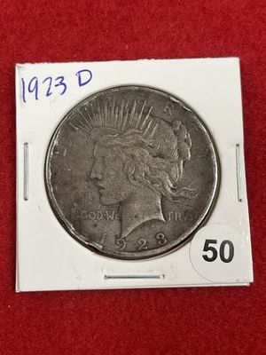 1923 D Peace Silver Dollar Coin. KEY WORDS: INDIAN ARTIFACT ARTIFACTS ARROWHEAD ARROWHEADS 