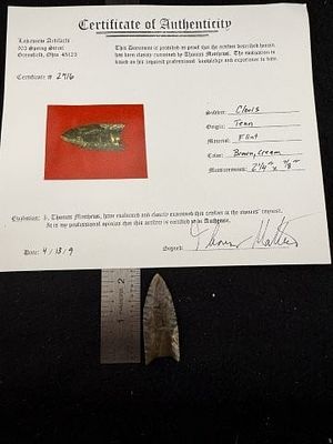 Clovis with Thomas Mathews COA from Tennessee Indian Artifact Arrowhead