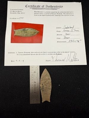 Cumberland with Thomas Mathews COA from Greene County, Tennessee Indian Artifact Arrowhead