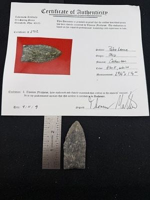 Paleo Lance with Thomas Mathews COA from Ohio Indian Artifact Arrowhead