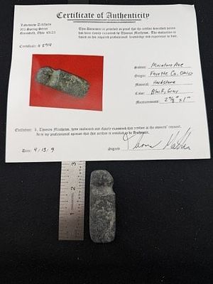 Miniature Axe with Thomas Mathews COA from Fayette County, Ohio Indian Artifact Arrowhead