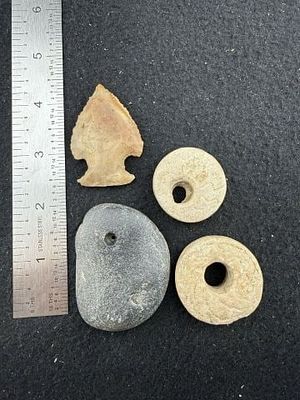 Group of Pendants & Arrow Point Indian Artifact Arrowhead. KEY WORDS: INDIAN ARTIFACT ARTIFACTS 