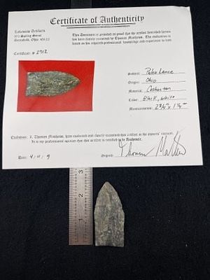 Paleo Lance from Ohio with Thomas Mathews COA. KEY WORDS: INDIAN ARTIFACT ARTIFACTS ARROWHEAD 