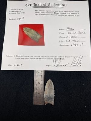 Folsom from Bastrop Texas with Thomas Mathews COA. KEY WORDS: INDIAN ARTIFACT ARTIFACTS 