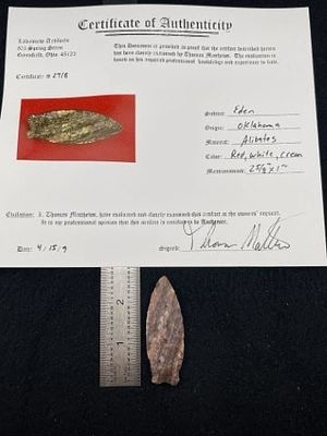 Eden from Oklahoma with Thomas Mathews COA. KEY WORDS: INDIAN ARTIFACT ARTIFACTS ARROWHEAD 