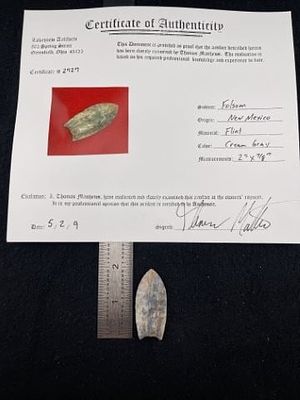 Folsom from New Mexico with Thomas Mathews COA. KEY WORDS: INDIAN ARTIFACT ARTIFACTS ARROWHEAD 