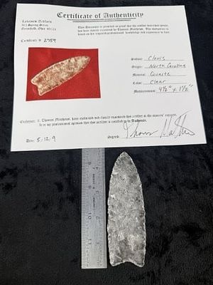 Clovis with Thomas Mathews COA from North Carolina Indian Artifact Arrowhead. KEY WORDS: INDIAN 