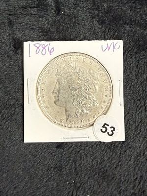 1886 UNC Morgan Silver Dollar Coin. KEY WORDS: INDIAN ARTIFACT ARTIFACTS ARROWHEAD ARROWHEADS 