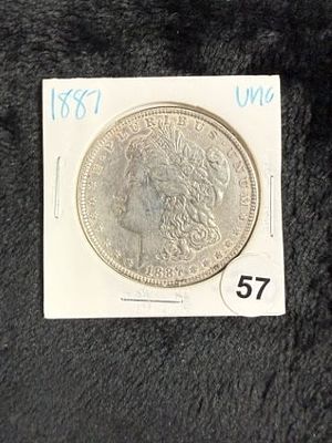 1887 UNC Morgan Silver Dollar Coin. KEY WORDS: INDIAN ARTIFACT ARTIFACTS ARROWHEAD ARROWHEADS 