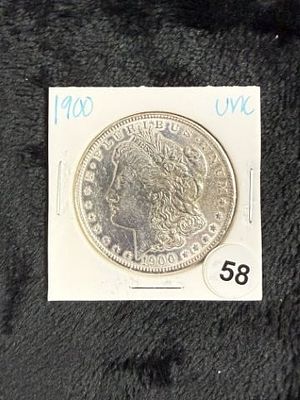 1900 UNC Morgan Silver Dollar Coin. KEY WORDS: INDIAN ARTIFACT ARTIFACTS ARROWHEAD ARROWHEADS 