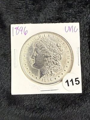 1896 UNC Morgan Silver Dollar Coin. KEY WORDS: INDIAN ARTIFACT ARTIFACTS ARROWHEAD ARROWHEADS 