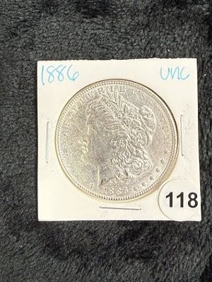 1886 UNC Morgan Silver Dollar Coin. KEY WORDS: INDIAN ARTIFACT ARTIFACTS ARROWHEAD ARROWHEADS 
