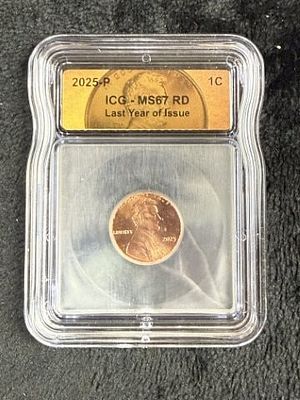 2025-P ICG MS67 RD Last Year of Issue Penny. KEY WORDS: INDIAN ARTIFACT ARTIFACTS ARROWHEAD 