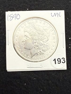1890 UNC Morgan Silver Dollar Coin. KEY WORDS: INDIAN ARTIFACT ARTIFACTS ARROWHEAD ARROWHEADS 