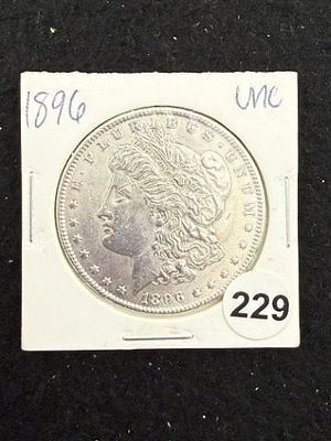 1896 UNC Morgan Silver Dollar Coin. KEY WORDS: INDIAN ARTIFACT ARTIFACTS ARROWHEAD ARROWHEADS 