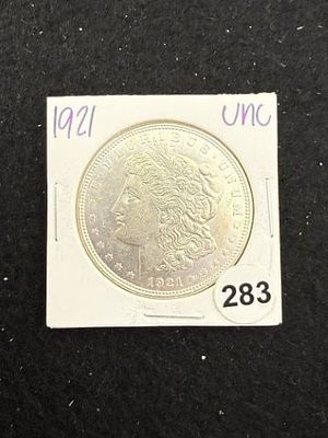 1921 UNC Morgan Silver Dollar Coin. KEY WORDS: INDIAN ARTIFACT ARTIFACTS ARROWHEAD ARROWHEADS 