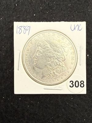 1889 UNC Morgan Silver Dollar Coin. KEY WORDS: INDIAN ARTIFACT ARTIFACTS ARROWHEAD ARROWHEADS 